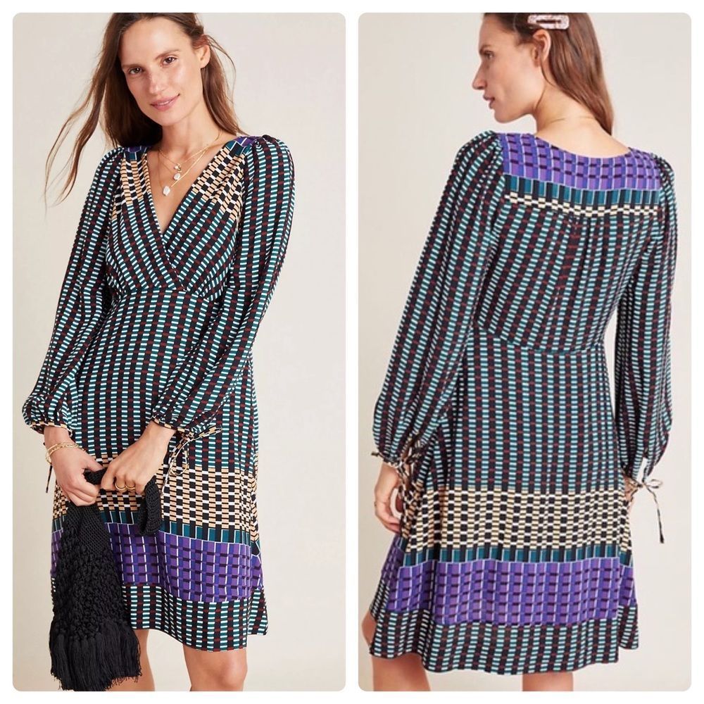 Anthropologie Black Teal Purple Patterned Long-Sleeve Wrap Dress
